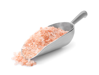 Photo of Metal scoop with pink himalayan salt isolated on white