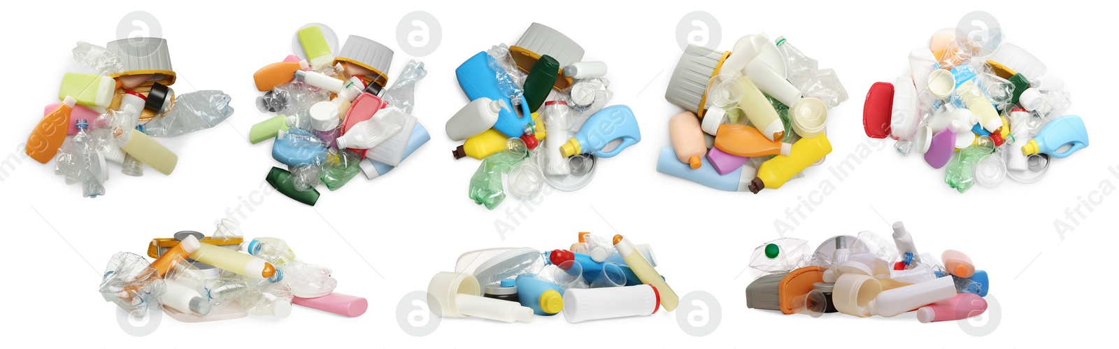 Image of Set with piles of plastic garbage on white background. Banner design