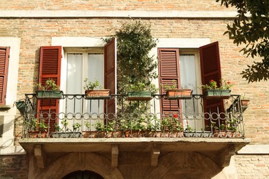 Balcony of beautiful residential building with potted plants on sunny day