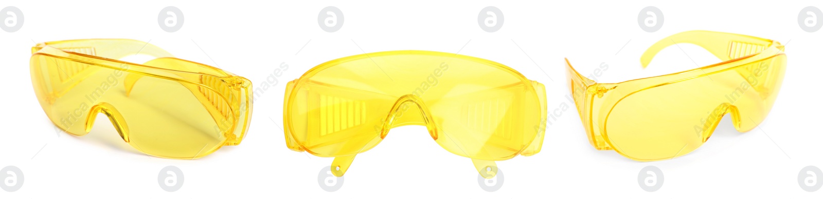 Image of Set with protective goggles on white background, banner design. Safety equipment