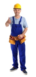 Electrician with tools wearing uniform on white background