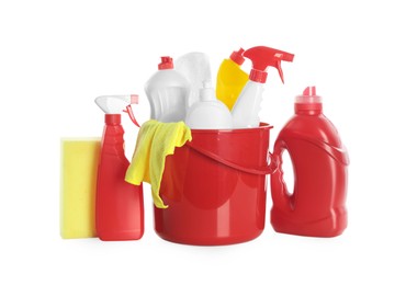 Plastic bucket with different cleaning supplies on white background