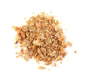 Photo of Pile of dried orange zest seasoning isolated on white, top view