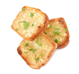 Photo of Slices of toasted bread with garlic and herb on white background, top view