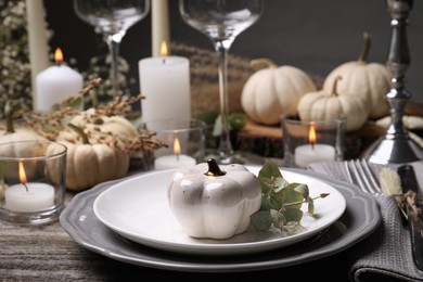 Photo of Beautiful autumn place setting and decor on wooden table