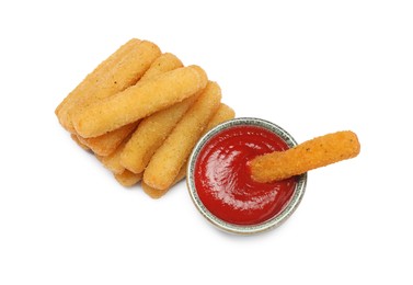 Photo of Delicious cheese sticks and ketchup on white background, top view