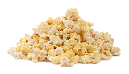 Photo of Pile of tasty fresh popcorn isolated on white