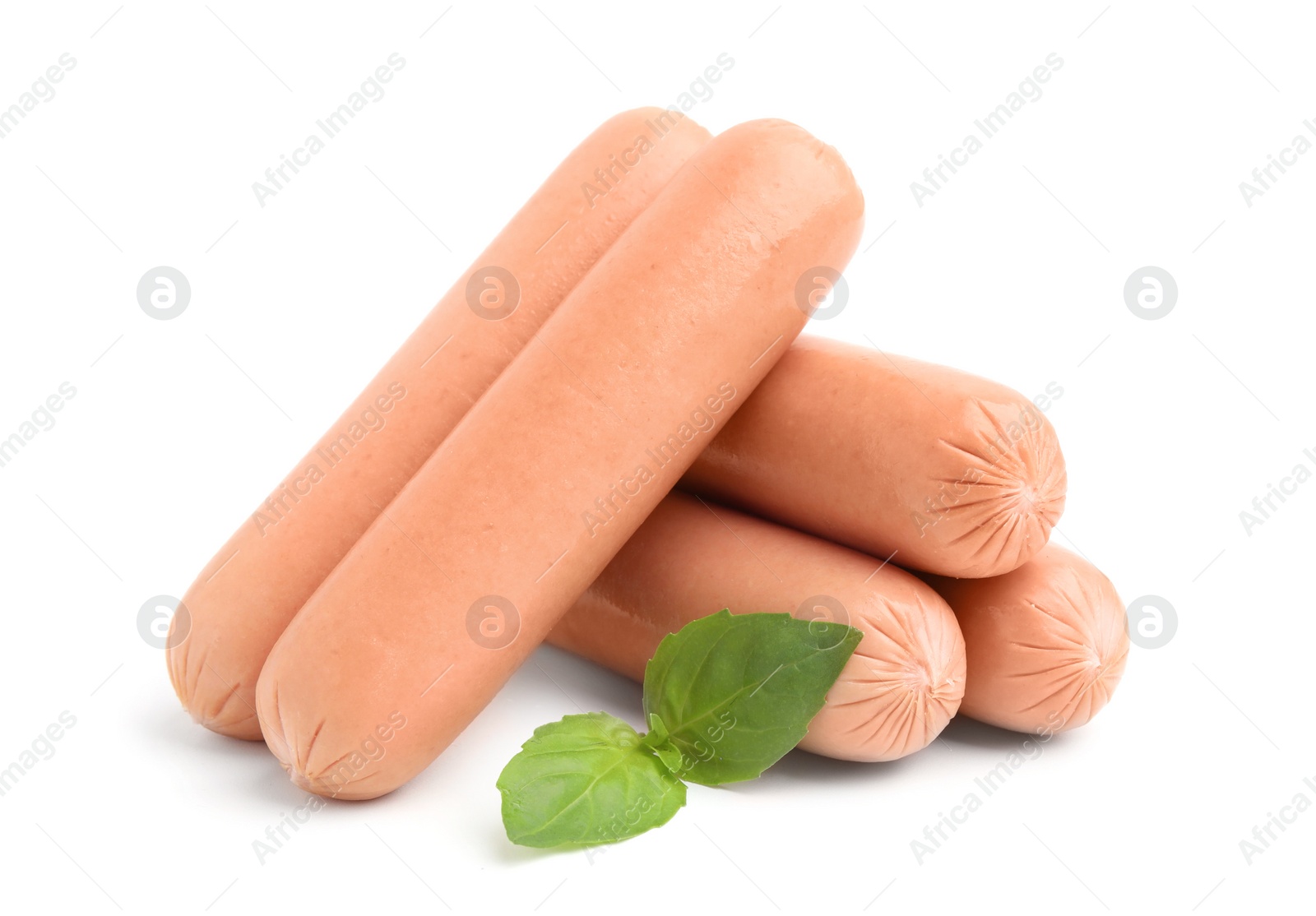 Photo of Delicious boiled sausages and basil on white background