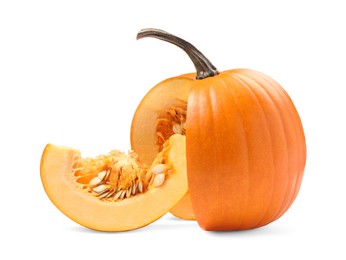 Photo of Cut fresh ripe pumpkin isolated on white