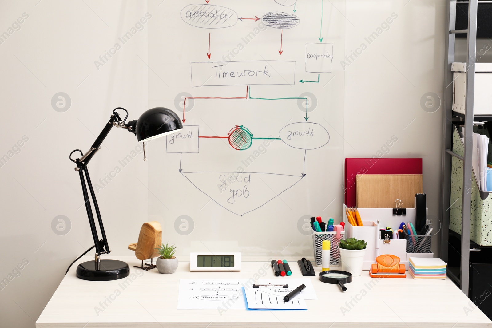 Photo of Business process planning and optimization. Workplace with lamp, notebook and other stationery on white wooden table