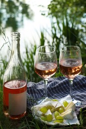 Photo of Delicious rose wine, cheese and grapes on picnic blanket near lake