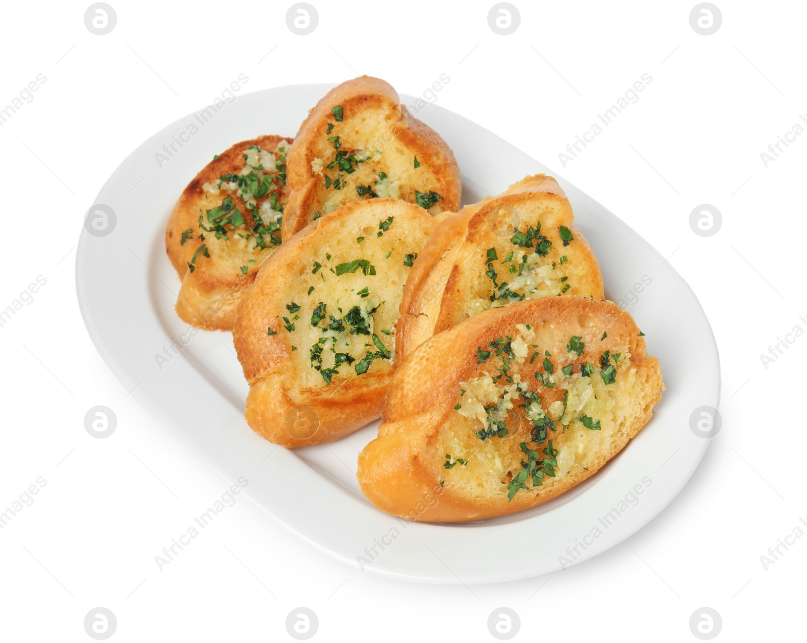 Photo of Plate with tasty homemade garlic bread isolated on white