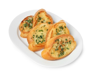 Photo of Plate with tasty homemade garlic bread isolated on white