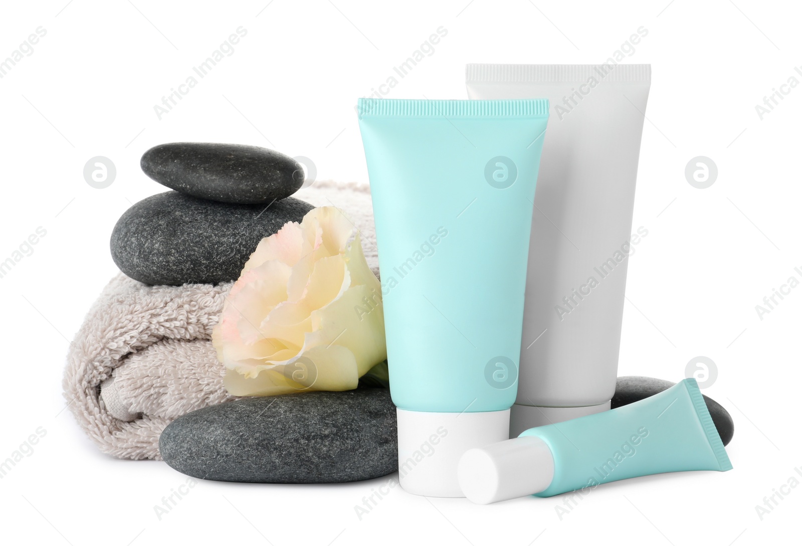 Photo of Composition with cosmetic products on white background