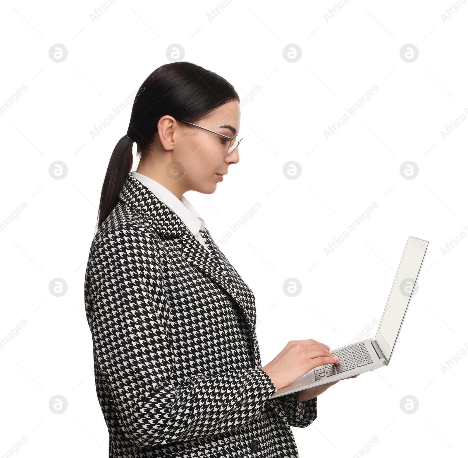 Photo of Young businesswoman with laptop on white background