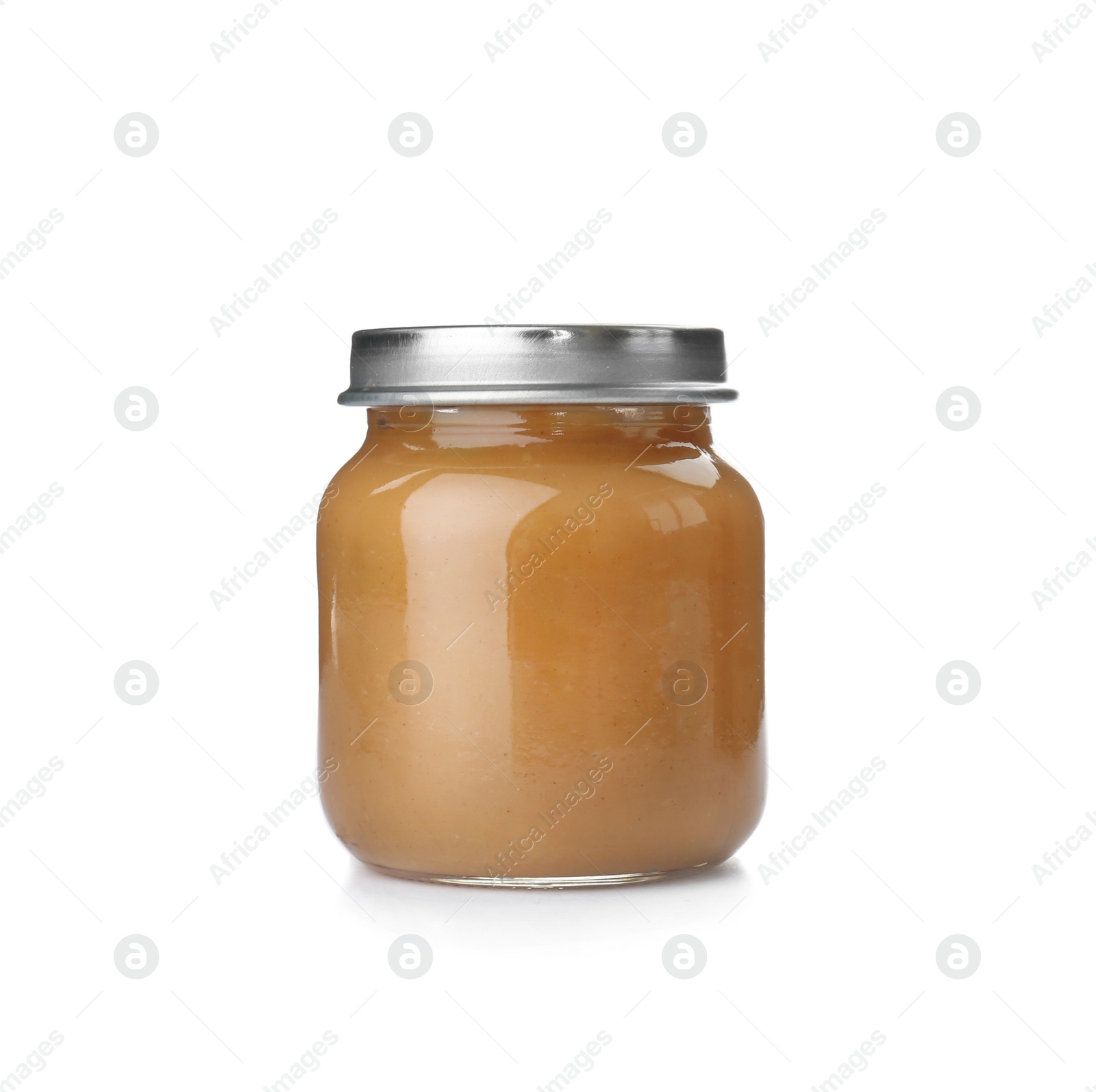 Photo of Jar with creamy peanut butter on white background