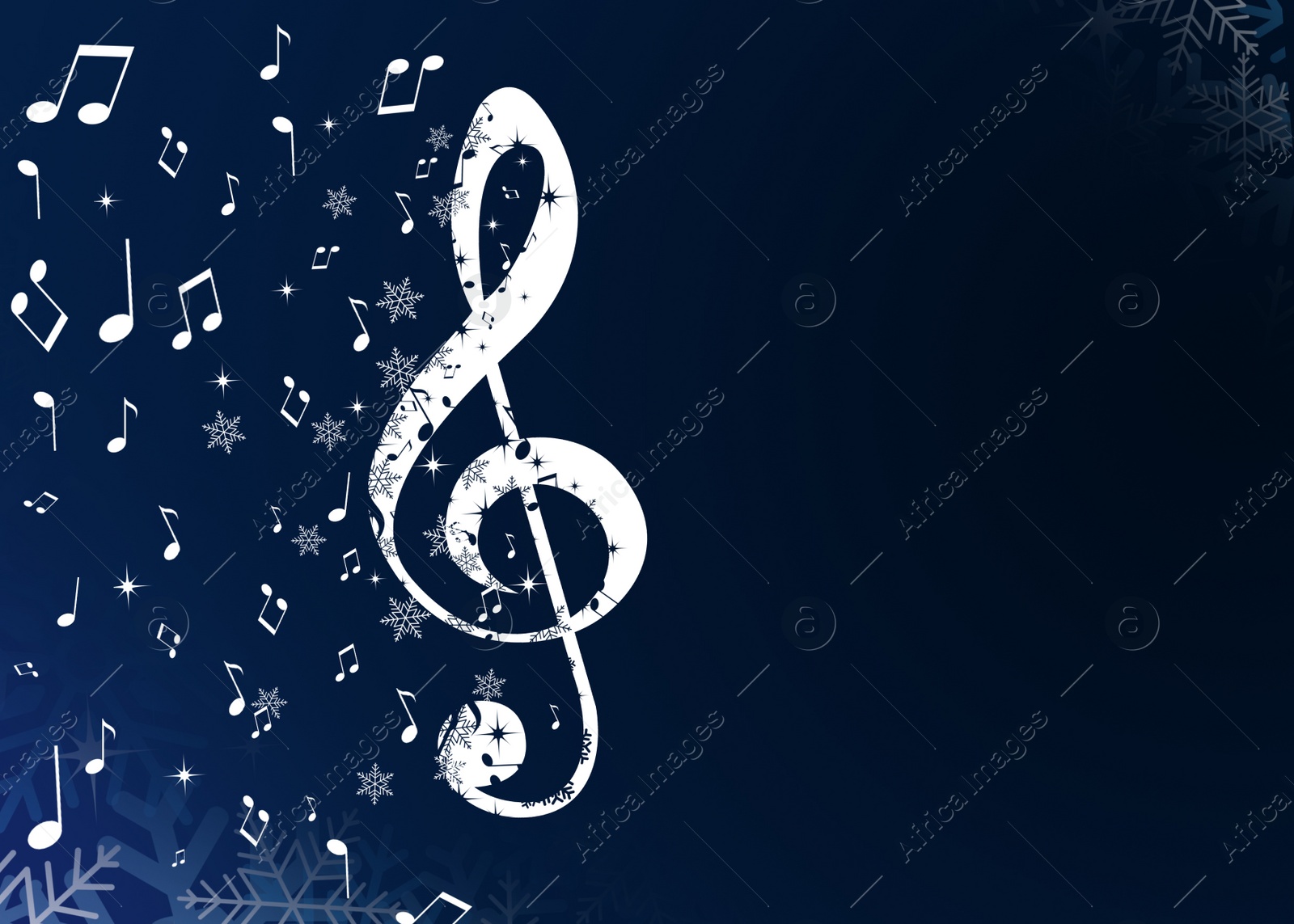 Illustration of Christmas melody. Music notes and snowflakes on dark blue background, space for text. Illustration design