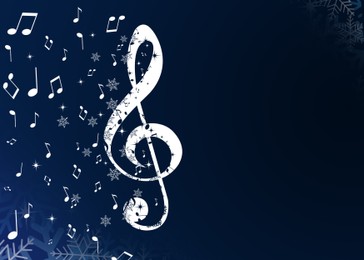 Illustration of Christmas melody. Music notes and snowflakes on dark blue background, space for text. Illustration design