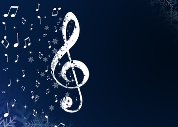 Christmas melody. Music notes and snowflakes on dark blue background, space for text. Illustration design