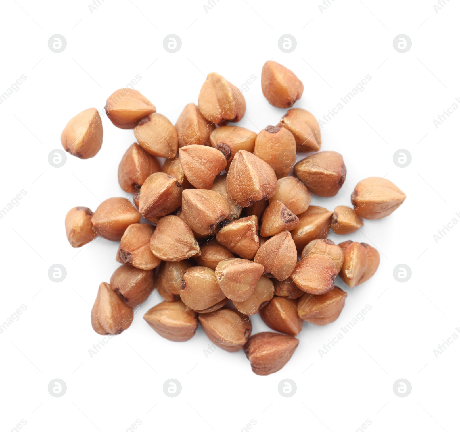 Photo of Pile of buckwheat grains isolated on white, top view. Organic cereal