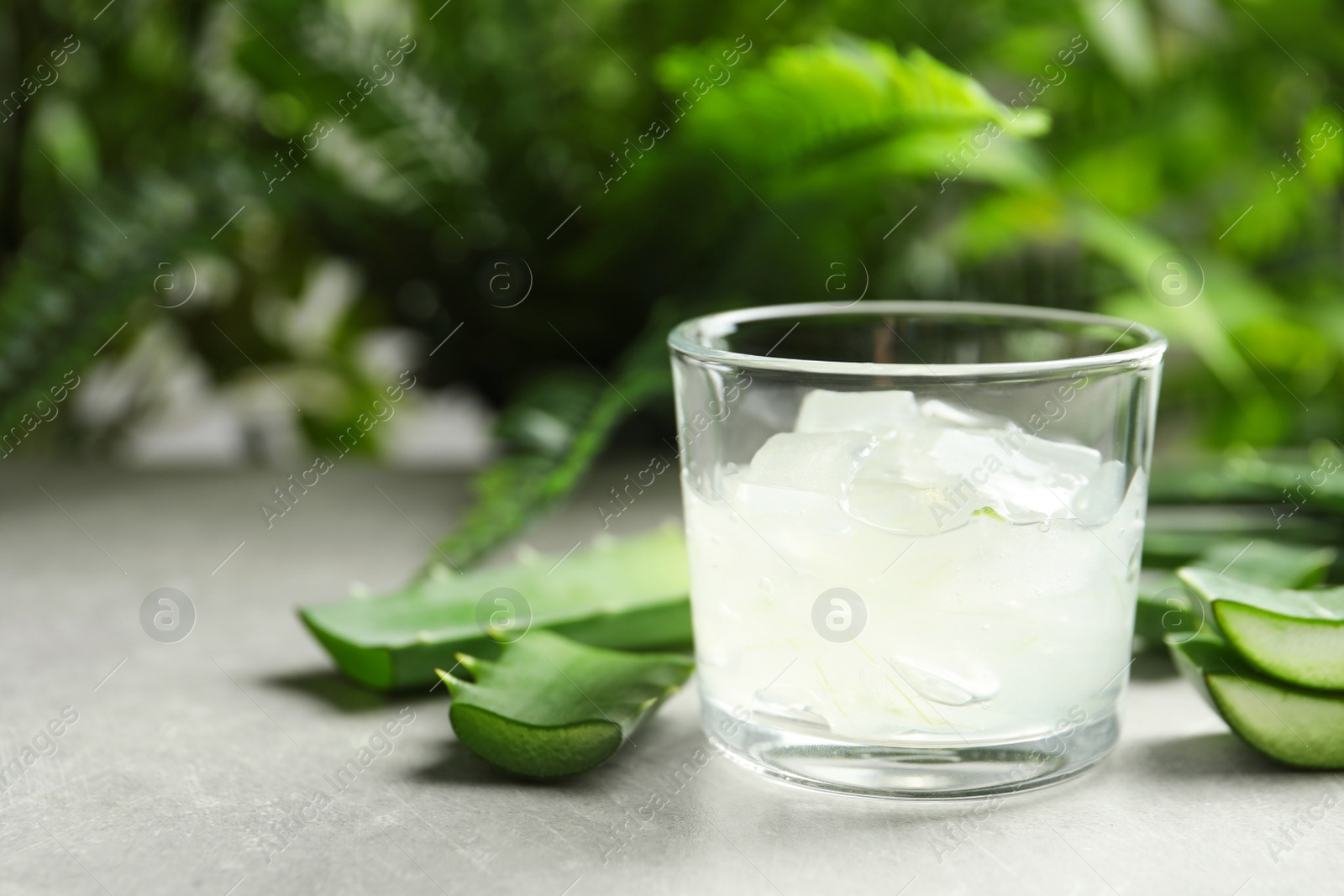 Photo of Glass with peeled aloe vera and green leaves on gray table. Space for text