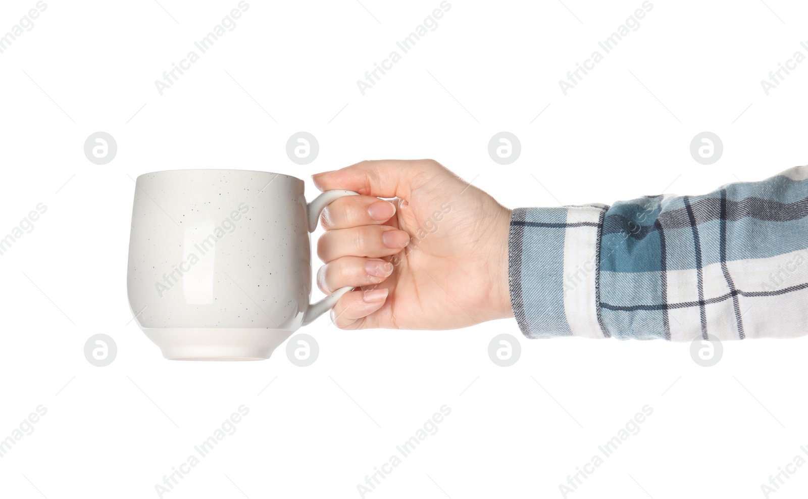 Photo of Woman holding cup on white background, closeup