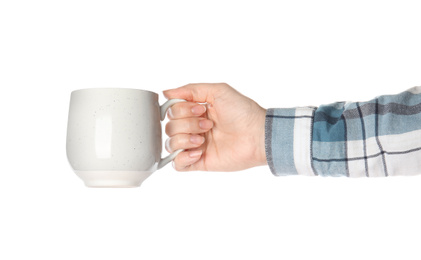 Photo of Woman holding cup on white background, closeup