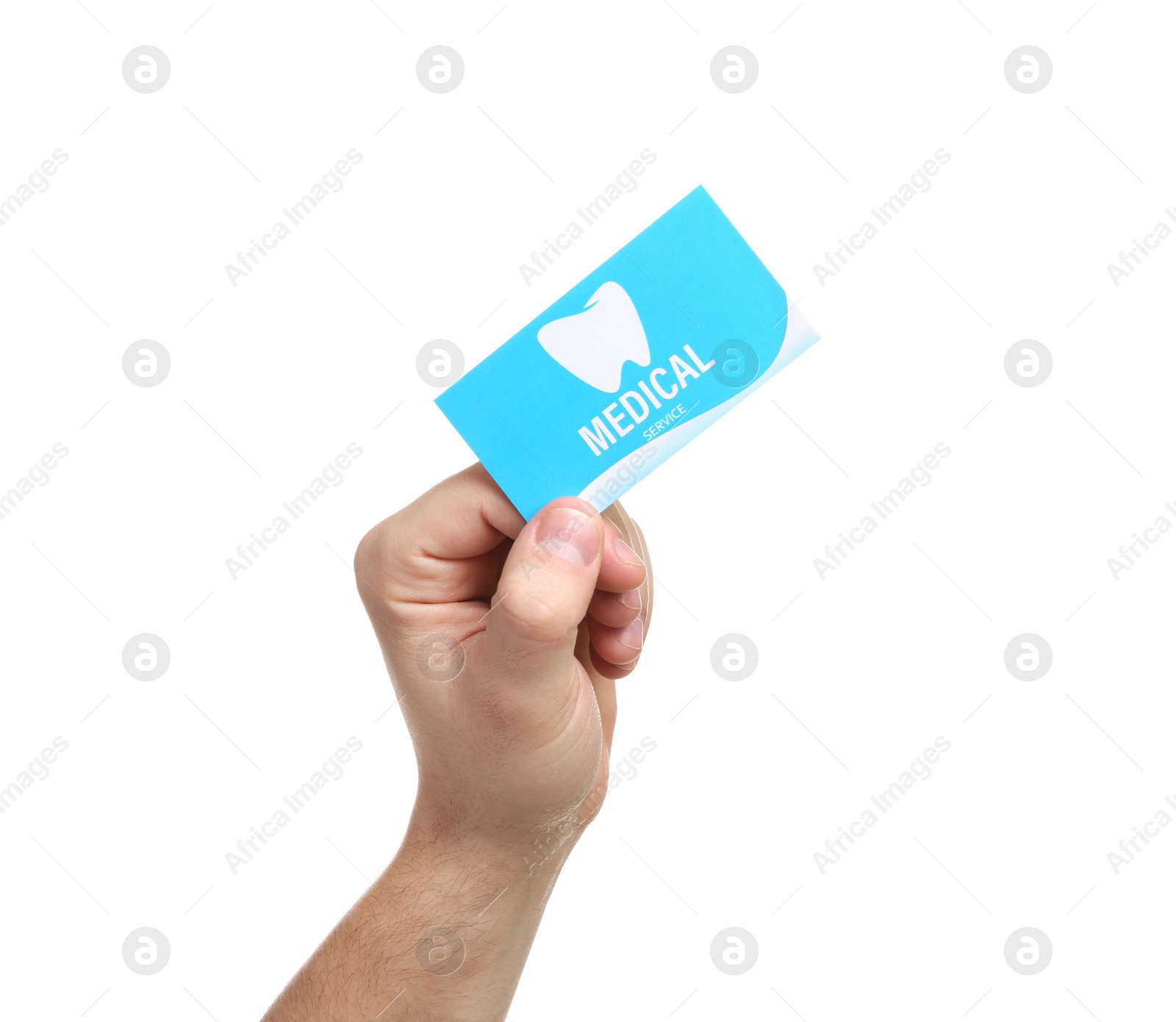 Photo of Man holding business card isolated on white, closeup. Dental medical service