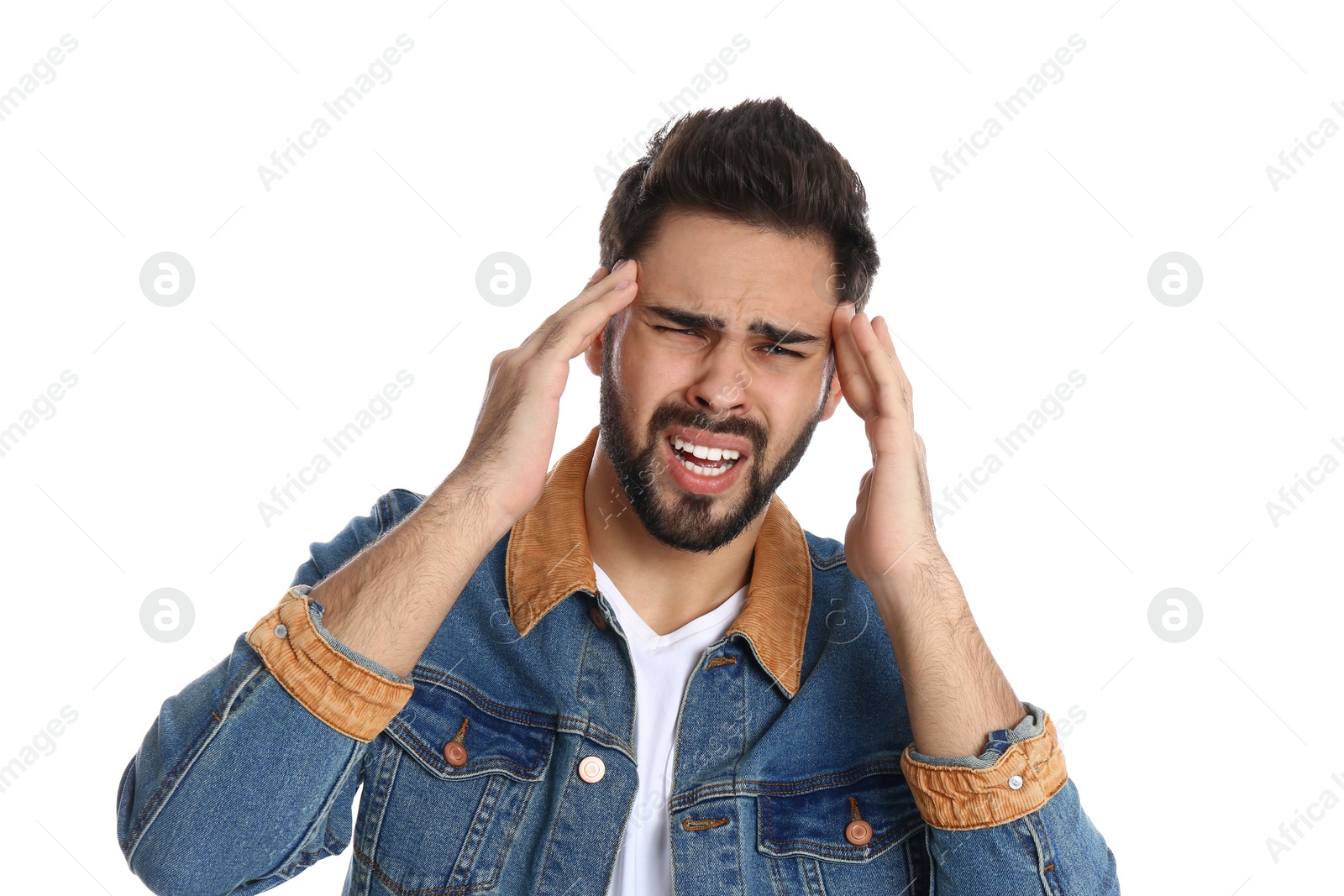 Photo of Man suffering from headache on white background