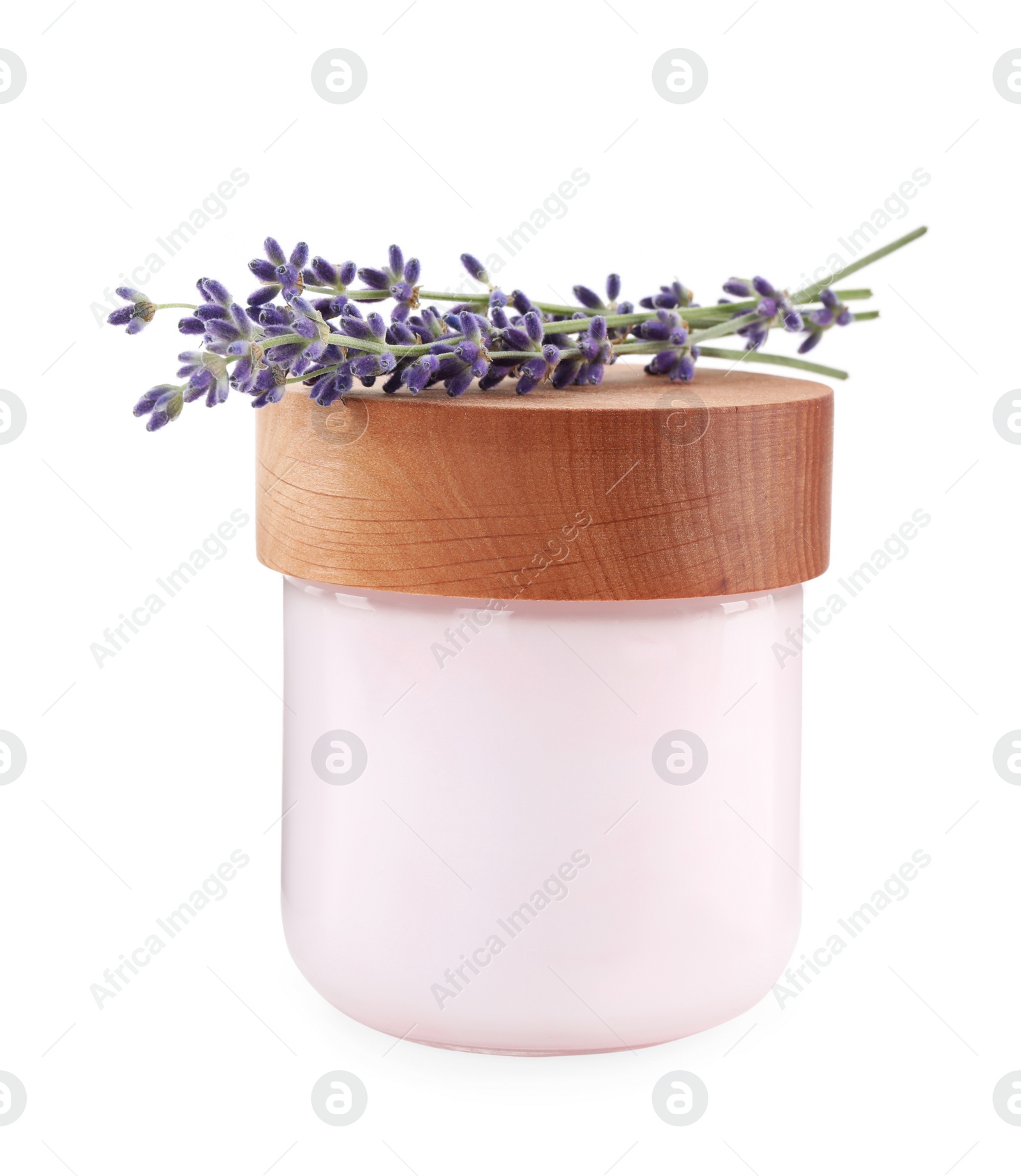 Photo of Jar of hand cream and lavender on white background