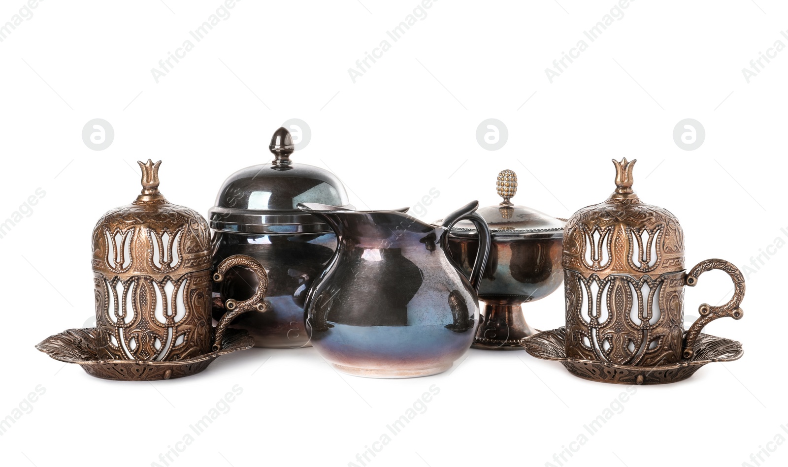 Photo of Beautiful vintage tea set on white background