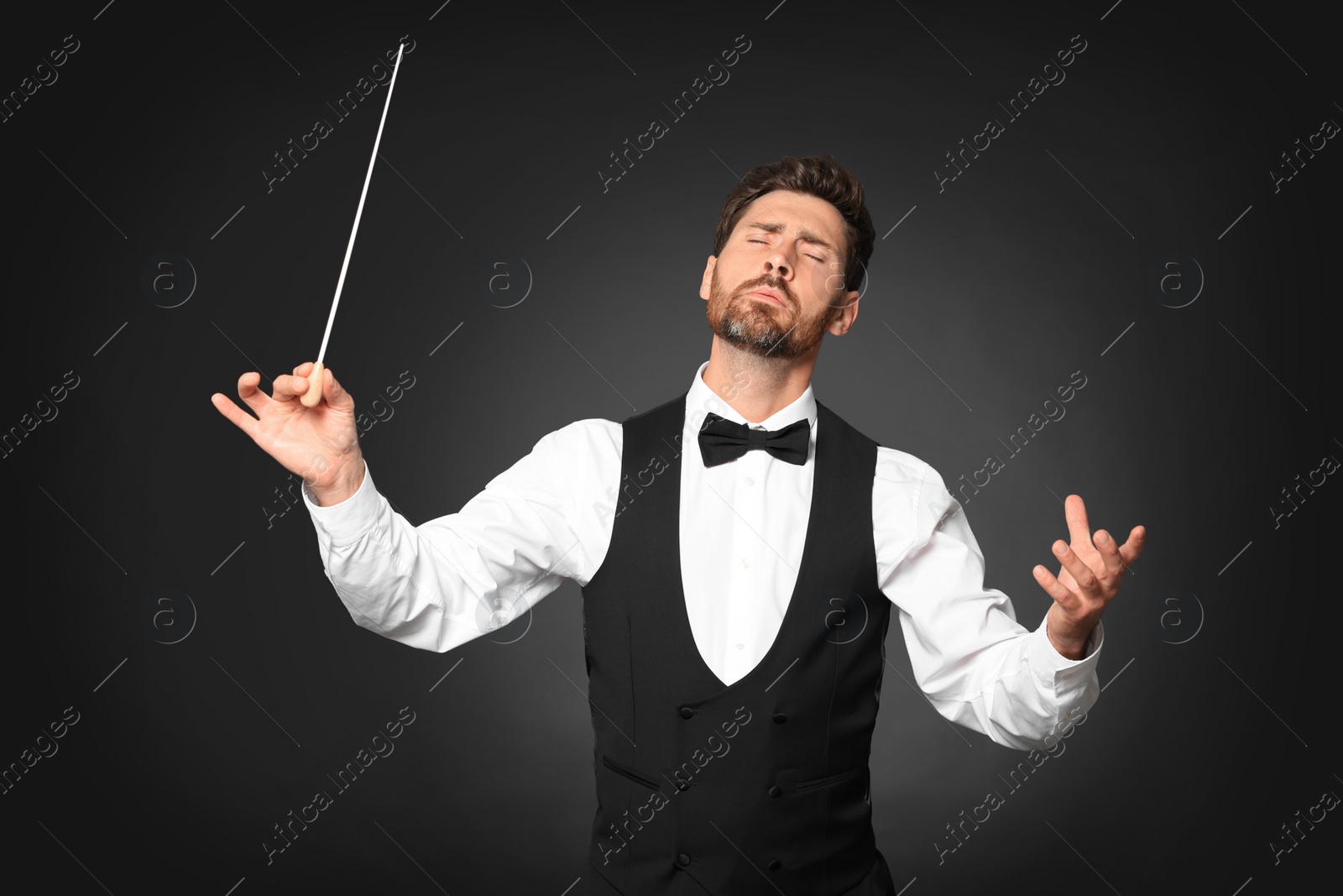 Photo of Professional conductor with baton on black background