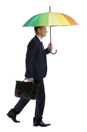 Businessman with rainbow umbrella on white background