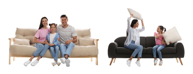 Image of People resting on different stylish sofas against white background, collage. Banner design