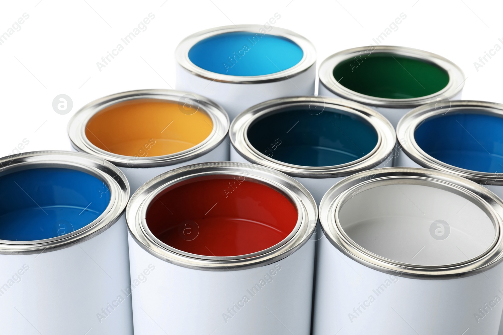 Photo of Open paint cans on white background, closeup