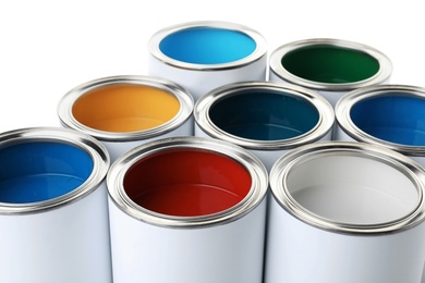 Open paint cans on white background, closeup