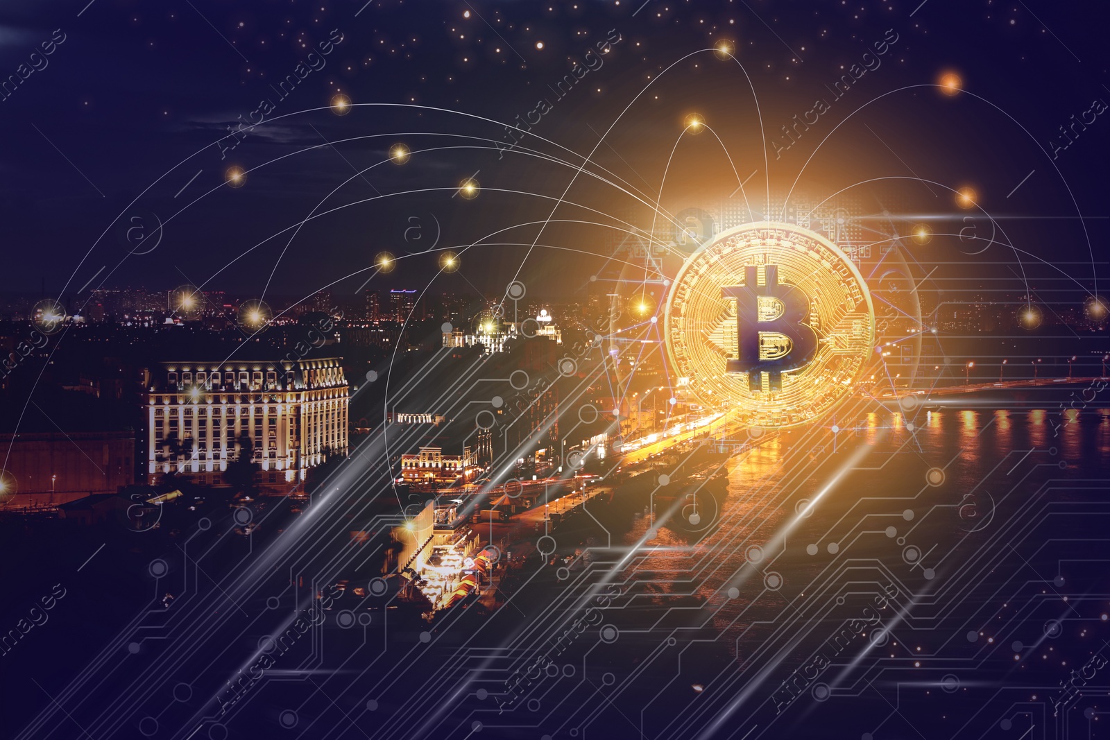 Image of Multiple exposure of bitcoin, schemes and night cityscape