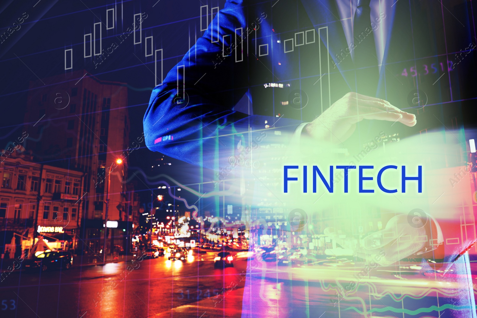 Image of Fintech concept. Double exposure of cityscape and businessman, closeup