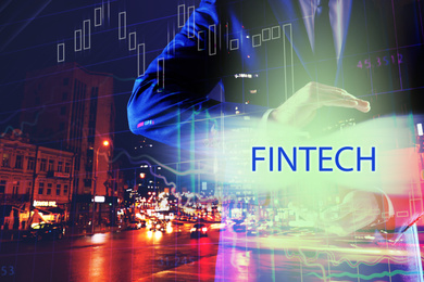 Image of Fintech concept. Double exposure of cityscape and businessman, closeup