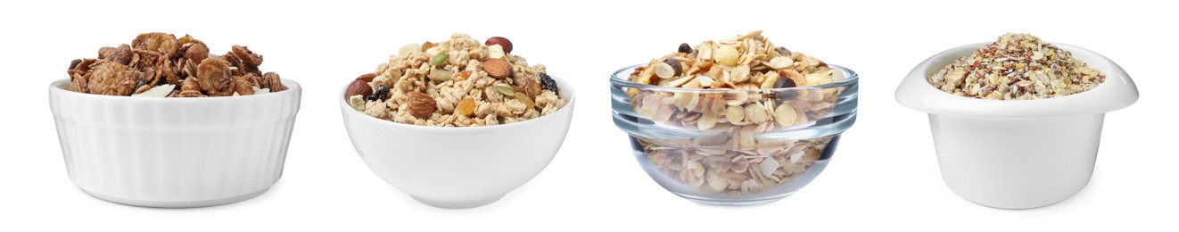 Image of Set with different delicious granola in bowls on white background. Banner design