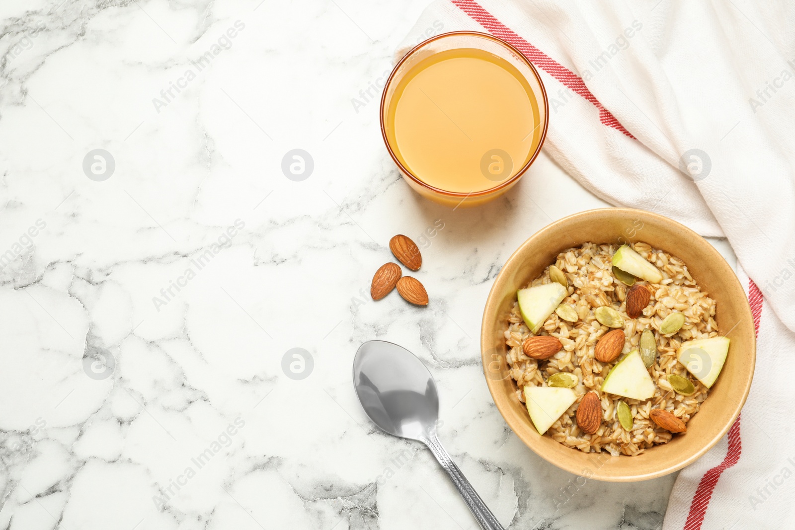 Photo of Tasty healthy breakfast served on marble table, flat lay. Space for text