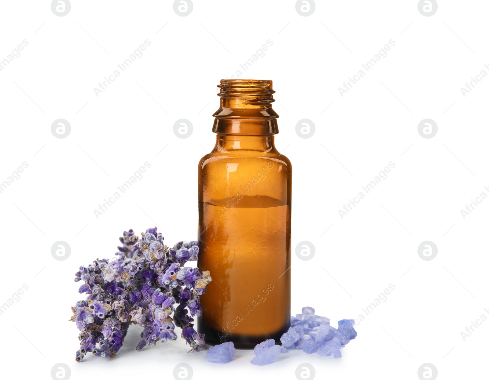 Photo of Bottle with aromatic lavender oil on white background