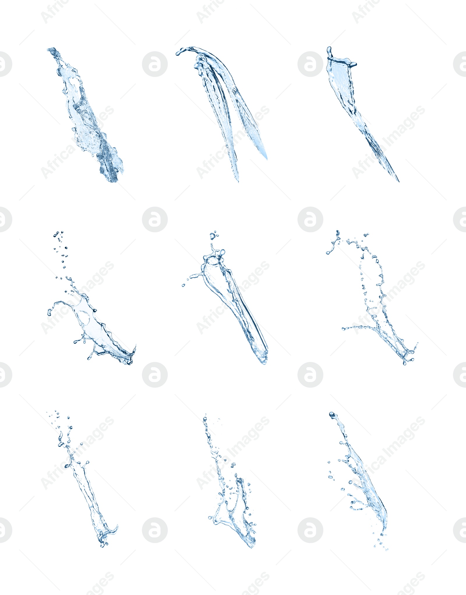 Image of Set with clear water splashes on white background