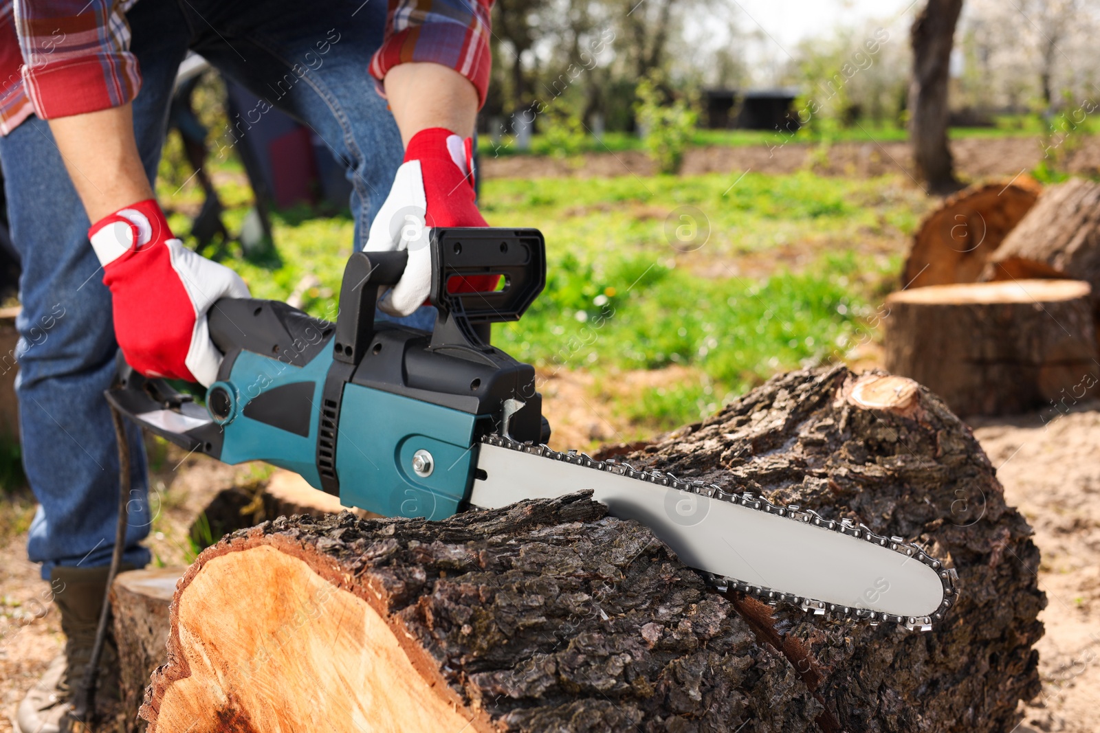 Photo of Man sawing wooden log on sunny day, closeup