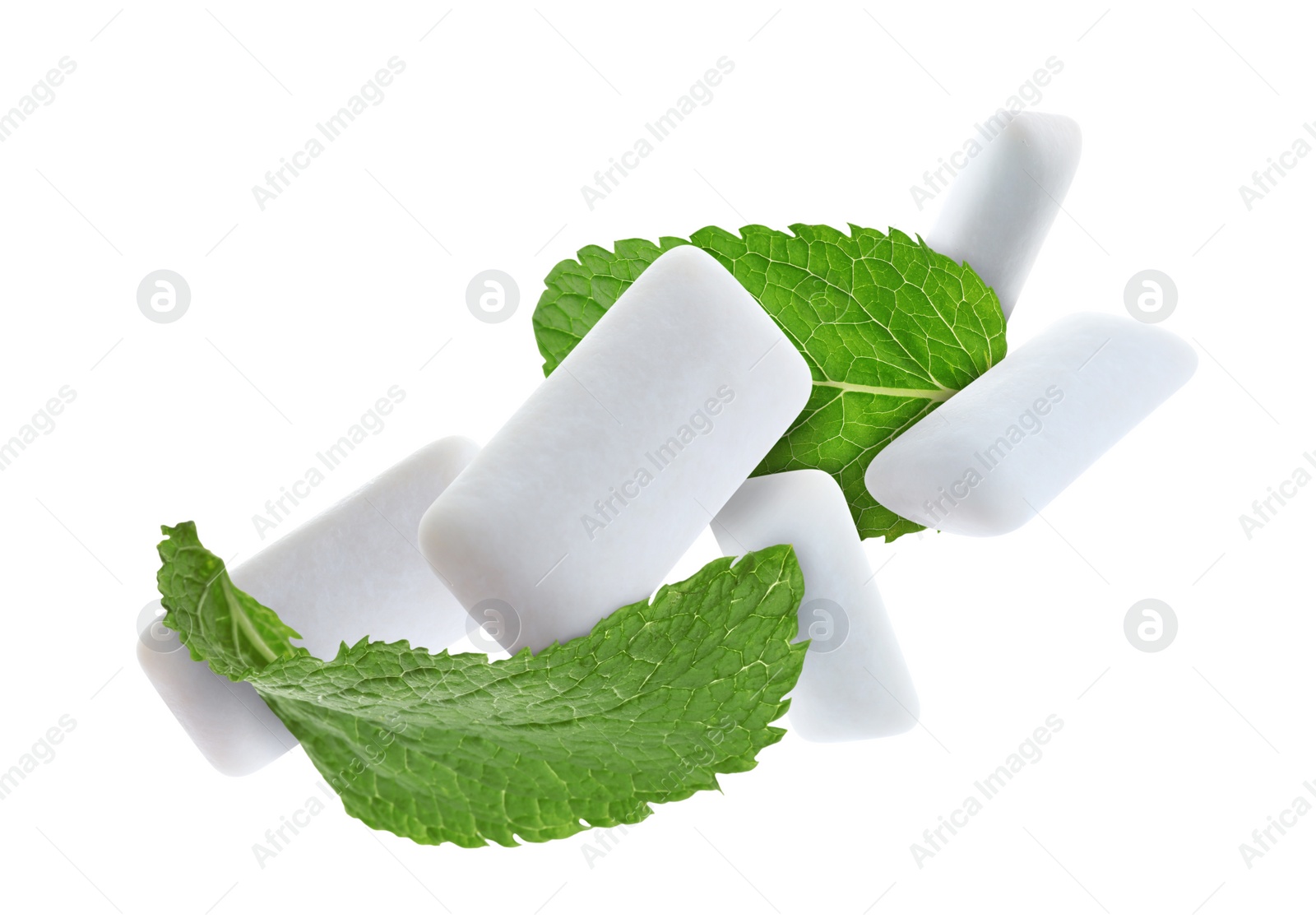 Image of Fresh mint leaves and chewing gum pads falling on white background