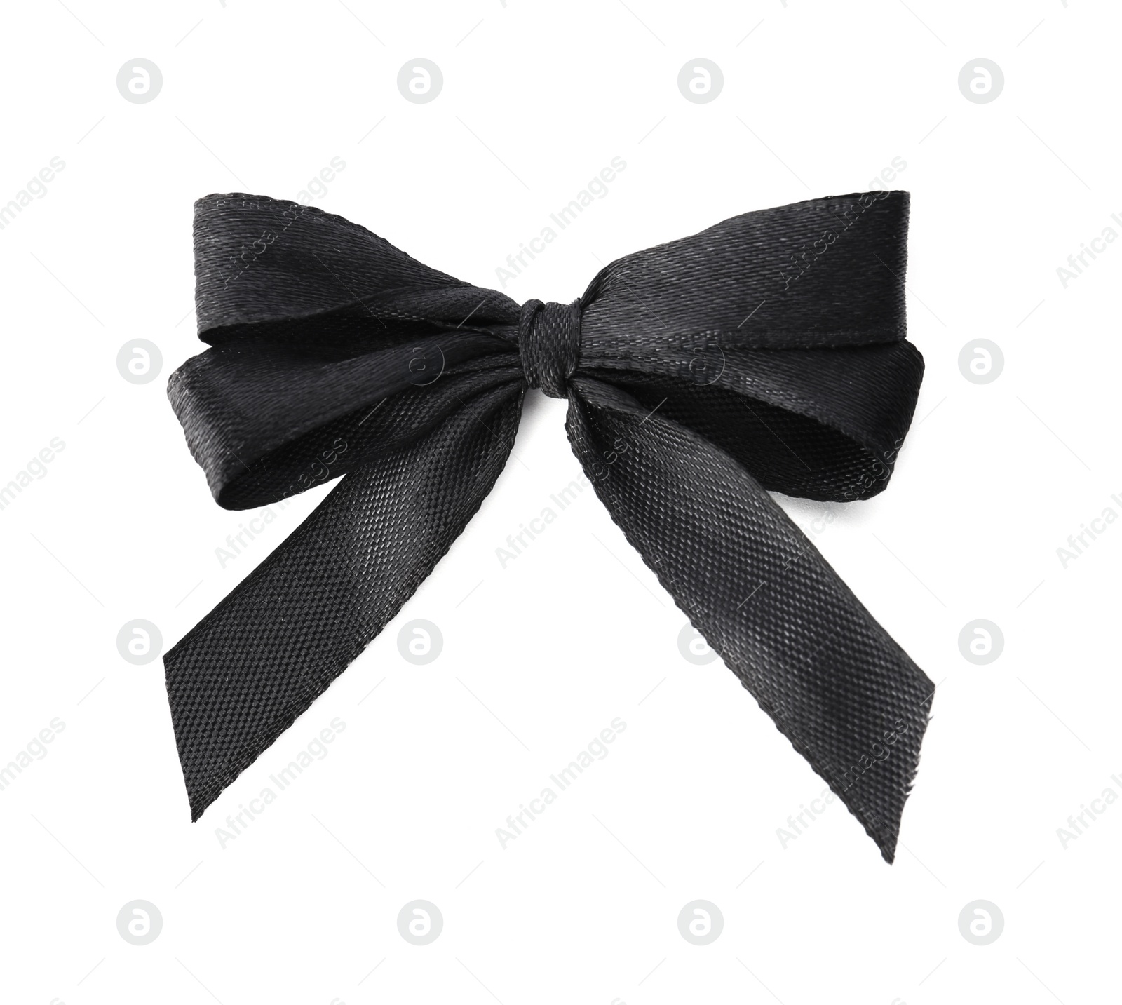 Photo of Black bow on white background, top view. Funeral symbol