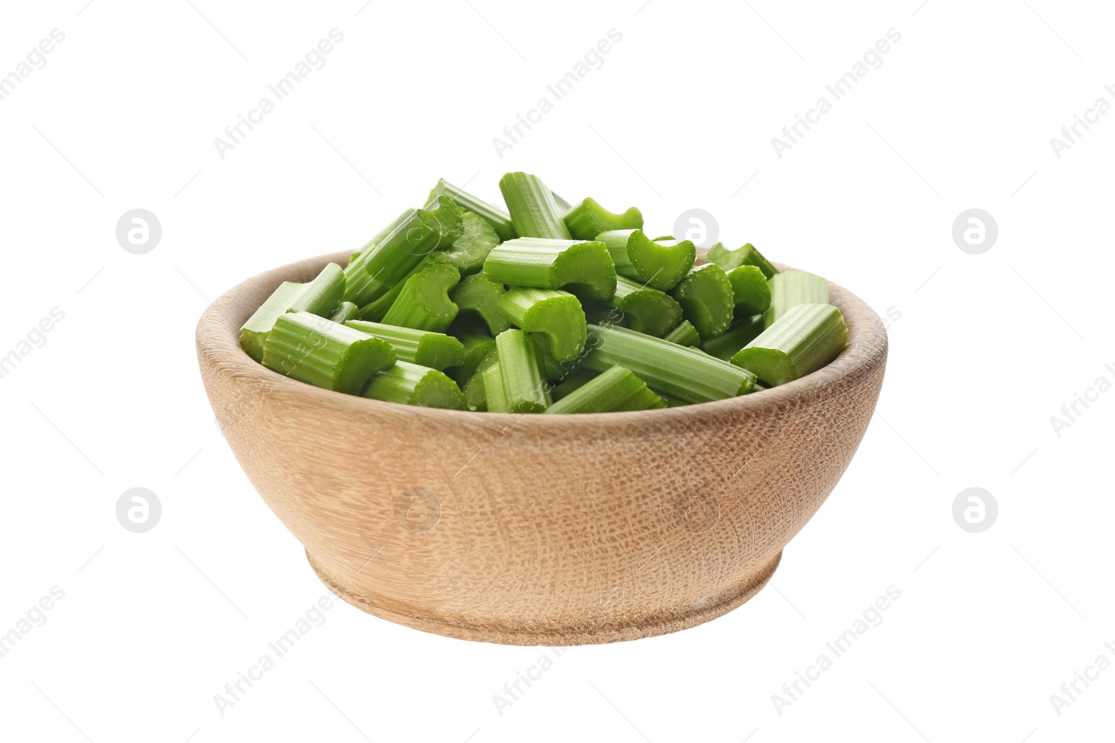 Photo of Bowl of chopped fresh green celery isolated on white