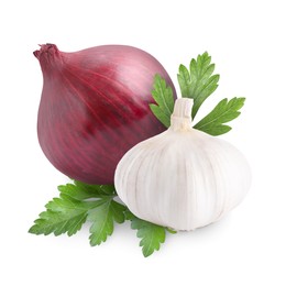 Image of Garlic, red onion and parsley isolated on white