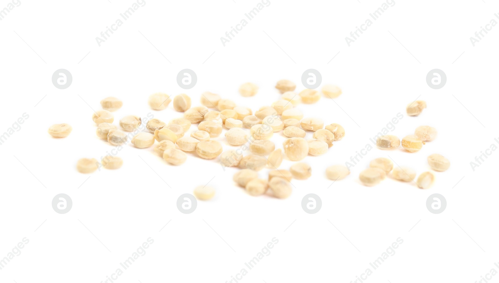 Photo of Many raw quinoa seeds on white background