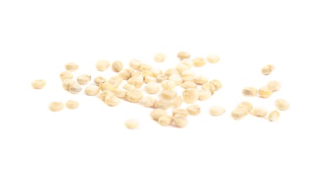 Photo of Many raw quinoa seeds on white background